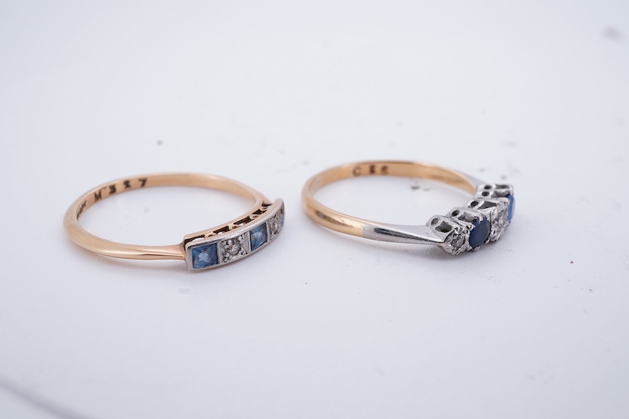 Two sapphire and diamond rings, each set with an alternating sequence of five sapphires and diamonds, mounted in gold and platinum, sizes P and P1/2, stamped 18ct and 18ct&Pt respectively, combined gross weight approxima